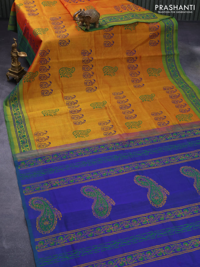 Silk cotton block printed saree dual shade of mustard yellow and dual shade of blue with allover butta prints and printed border