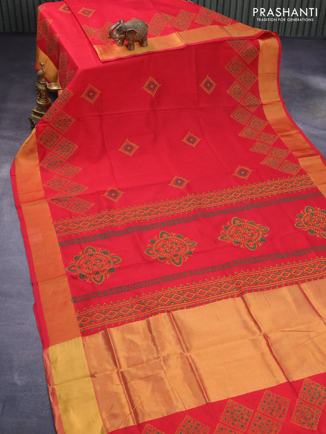 Silk cotton block printed saree red with allover prints and zari woven border