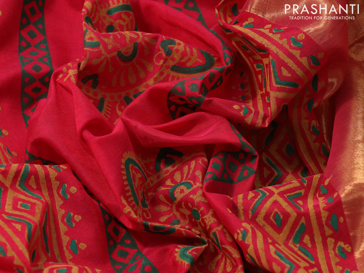 Silk cotton block printed saree red with allover prints and zari woven border