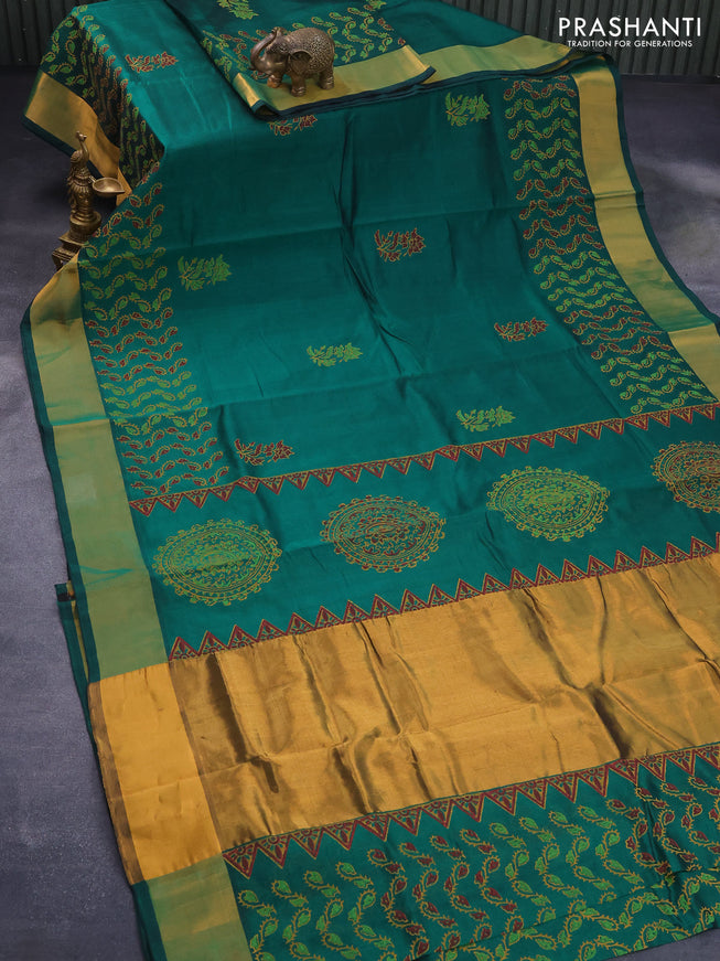 Silk cotton block printed saree green with allover prints and zari woven border
