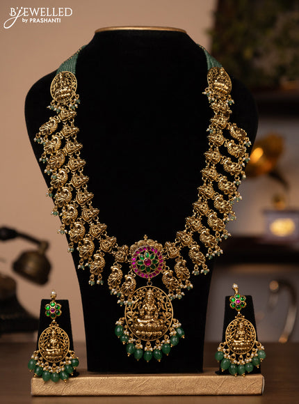 Antique green beaded haaram lakshmi design with jadau stones and beads hanging