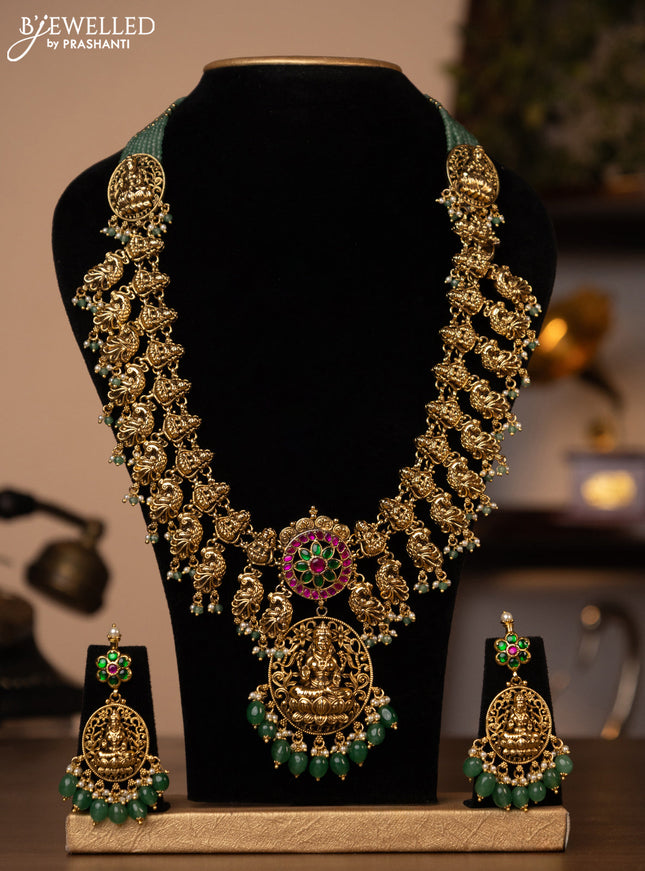 Antique green beaded haaram lakshmi design with jadau stones and beads hanging