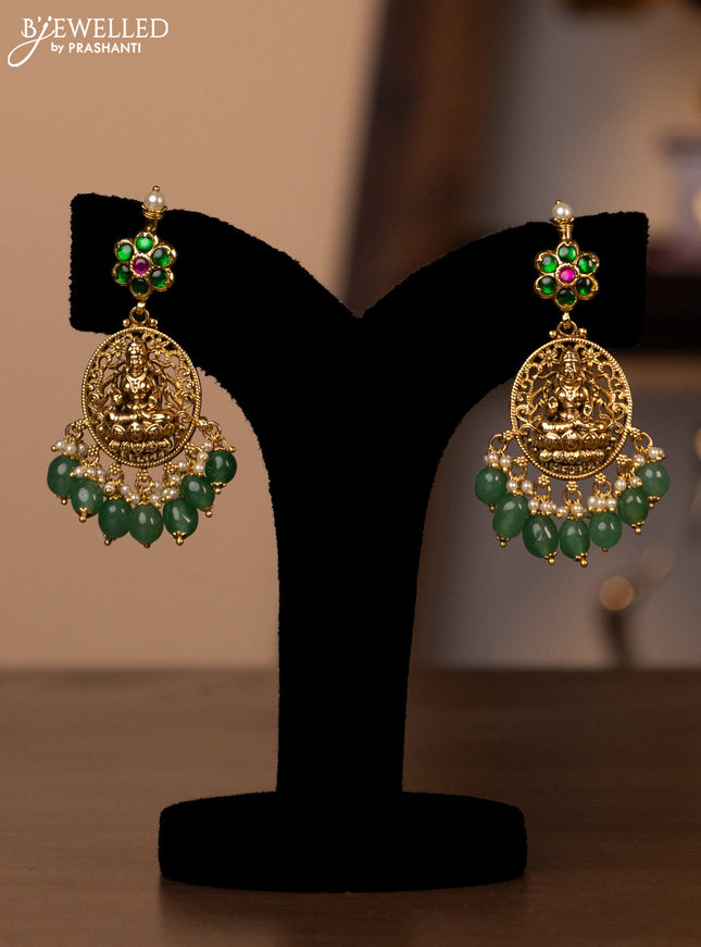 Antique green beaded haaram lakshmi design with jadau stones and beads hanging