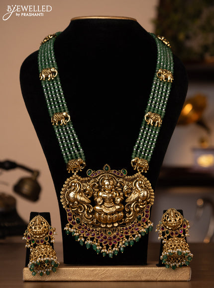 Antique green beaded haaram lakshmi design with jadau stones and beads hanging