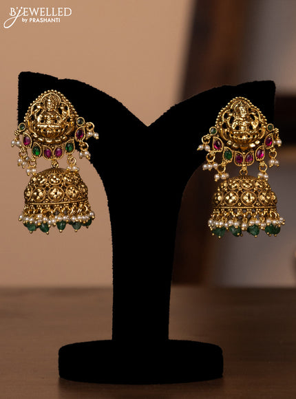 Antique green beaded haaram lakshmi design with jadau stones and beads hanging