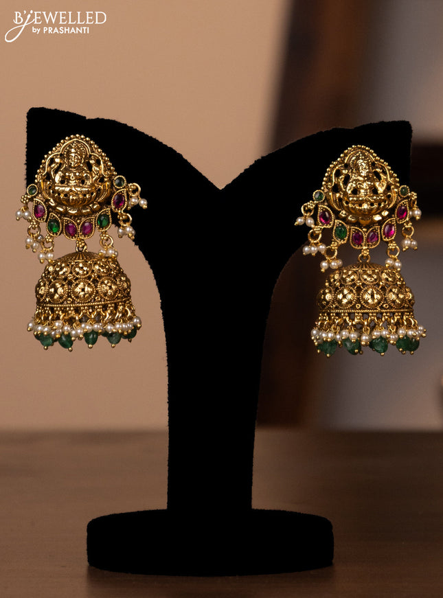 Antique green beaded haaram lakshmi design with jadau stones and beads hanging