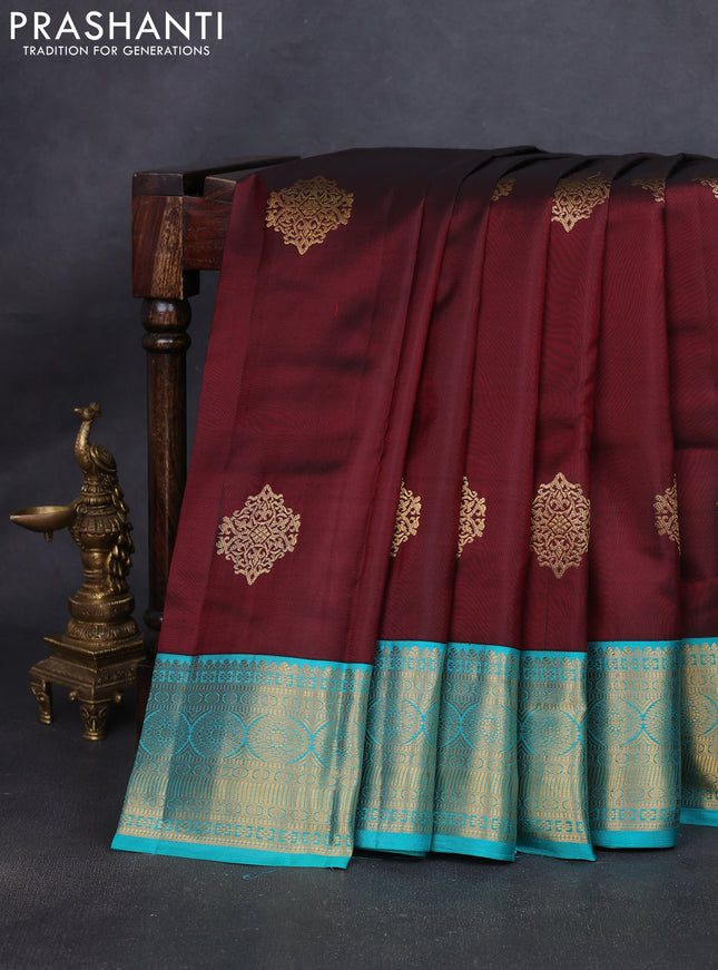 Pure kanchipuram silk saree maroon and teal blue with zari woven buttas and rich zari woven korvai border