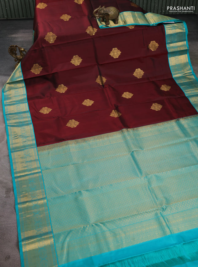 Pure kanchipuram silk saree maroon and teal blue with zari woven buttas and rich zari woven korvai border