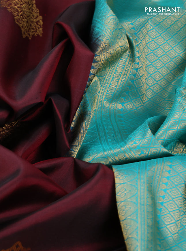Pure kanchipuram silk saree maroon and teal blue with zari woven buttas and rich zari woven korvai border