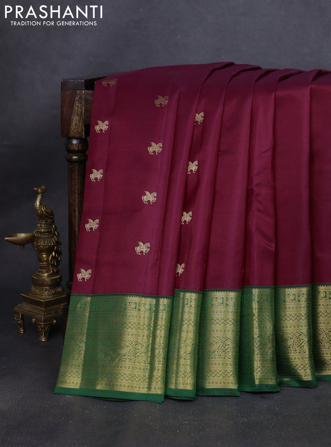 Pure kanchipuram silk saree maroon and green with zari woven buttas and rich zari woven border