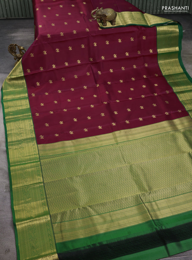 Pure kanchipuram silk saree maroon and green with zari woven buttas and rich zari woven border