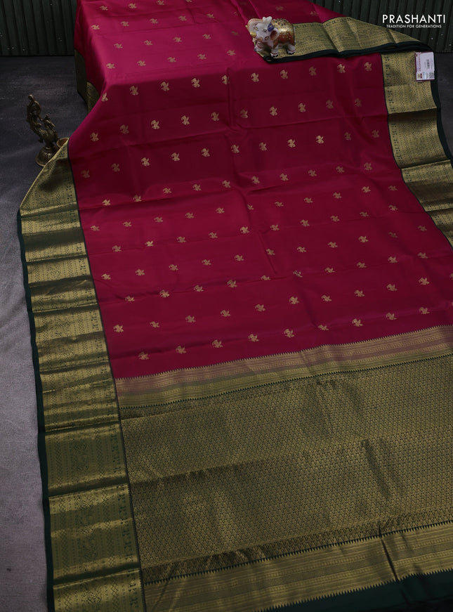 Pure kanchipuram silk saree pink and bottle green with zari woven buttas and rich zari woven border