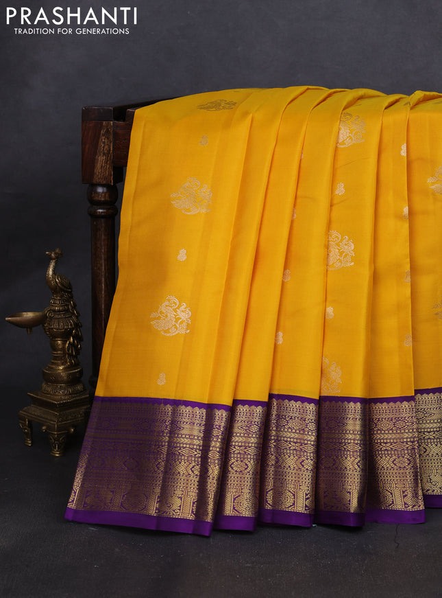 Pure kanchipuram silk saree yellow and violet with zari woven buttas and rich zari woven korvai border