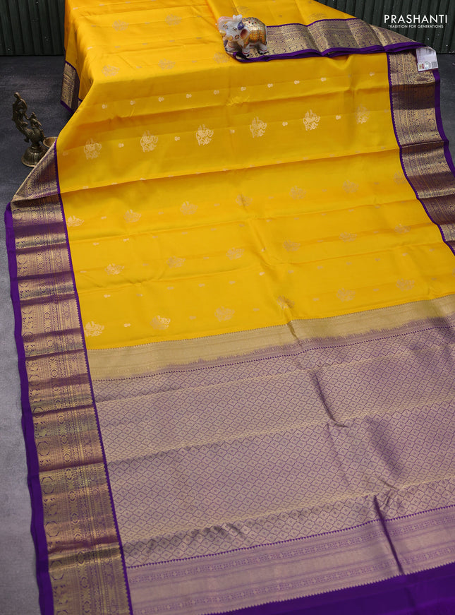 Pure kanchipuram silk saree yellow and violet with zari woven buttas and rich zari woven korvai border