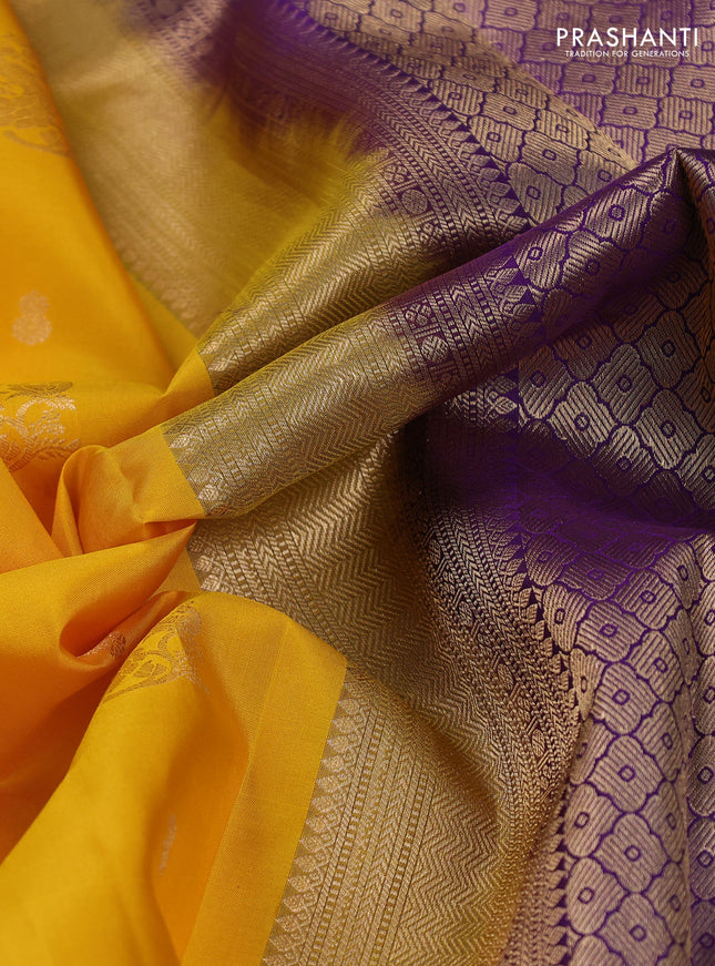 Pure kanchipuram silk saree yellow and violet with zari woven buttas and rich zari woven korvai border