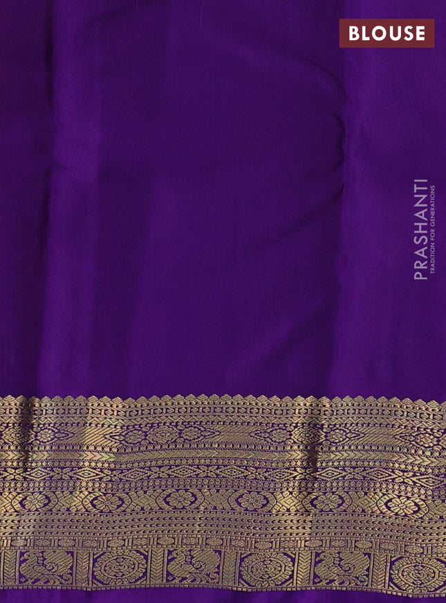 Pure kanchipuram silk saree yellow and violet with zari woven buttas and rich zari woven korvai border