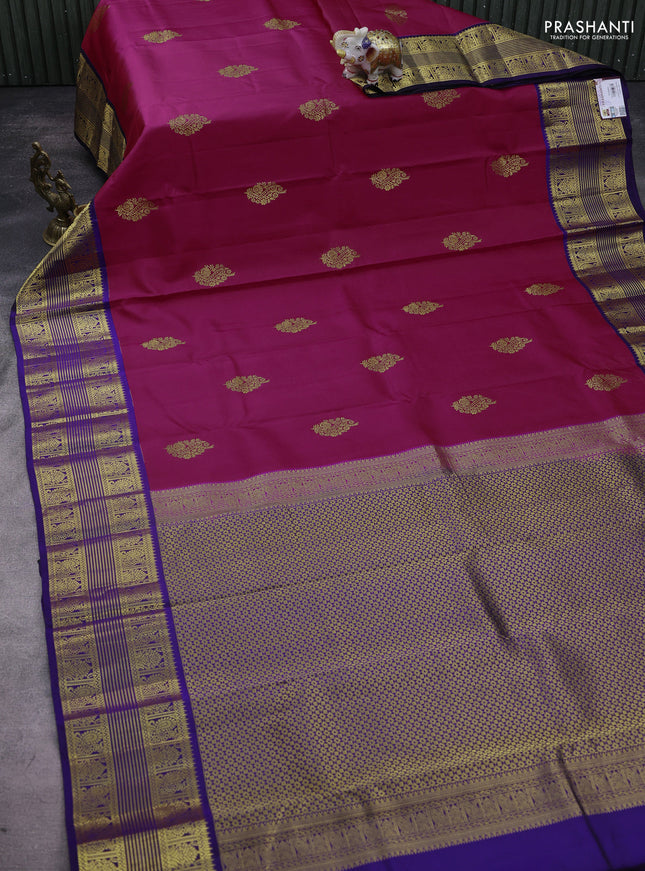 Pure kanchipuram silk saree pink and blue with zari woven buttas and long zari woven korvai border