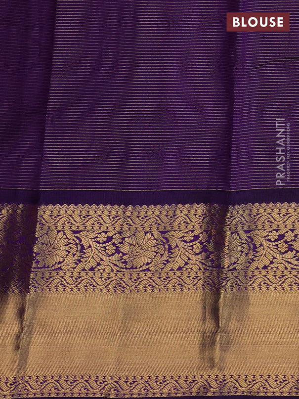 Pure kanchipuram silk saree lime yellow and purple with allover zari stripe weaves & buttas and long floral zari woven korvai border