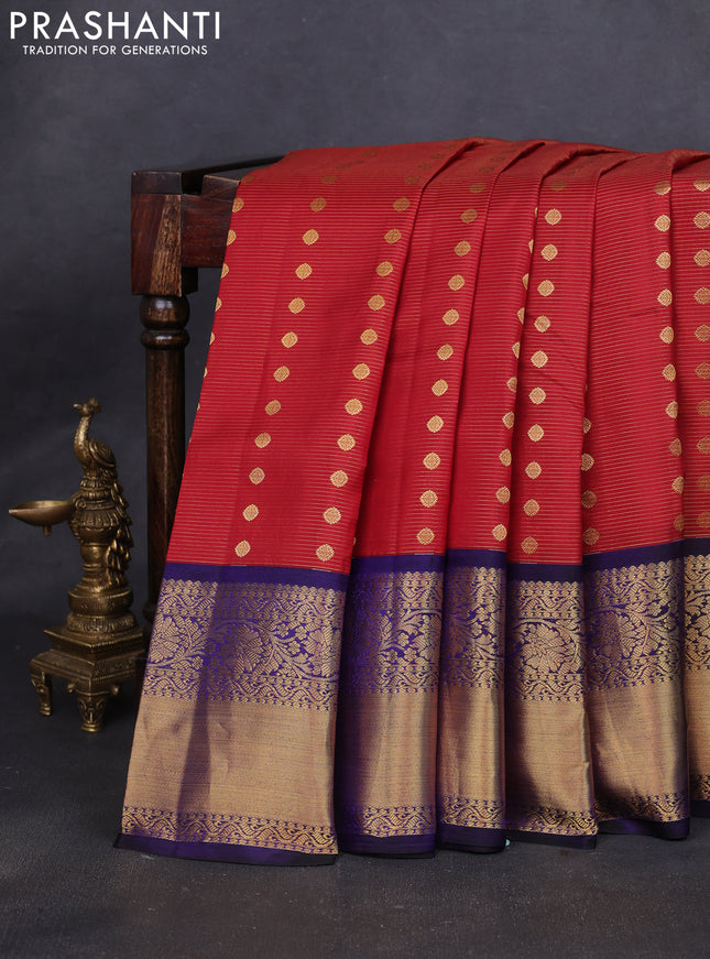Pure kanchipuram silk saree maroon and dark blue with allover zari stripe weaves & buttas and long floral zari woven korvai border