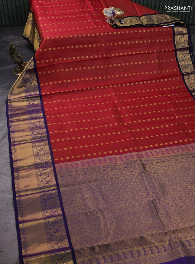 Pure kanchipuram silk saree maroon and dark blue with allover zari stripe weaves & buttas and long floral zari woven korvai border