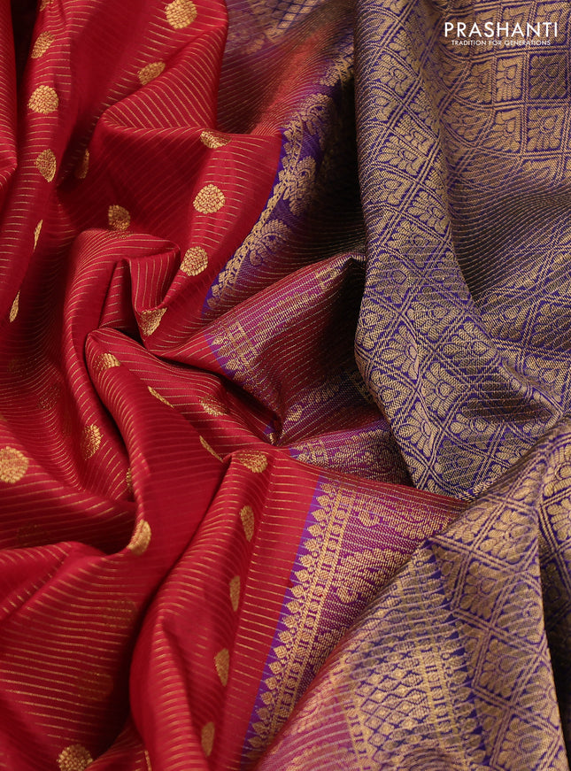 Pure kanchipuram silk saree maroon and dark blue with allover zari stripe weaves & buttas and long floral zari woven korvai border