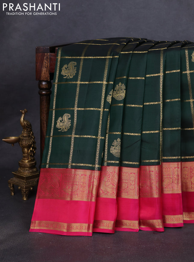 Pure kanchipuram silk saree bottle green and pink with allover zari checks & buttas and rettapet zari woven border