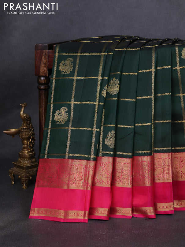 Pure kanchipuram silk saree bottle green and pink with allover zari checks & buttas and rettapet zari woven border