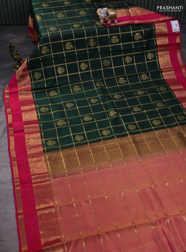 Pure kanchipuram silk saree bottle green and pink with allover zari checks & buttas and rettapet zari woven border