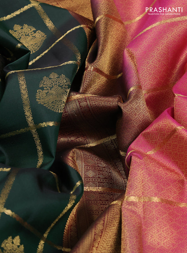 Pure kanchipuram silk saree bottle green and pink with allover zari checks & buttas and rettapet zari woven border