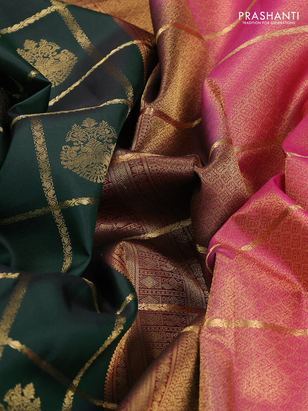 Pure kanchipuram silk saree bottle green and pink with allover zari checks & buttas and rettapet zari woven border