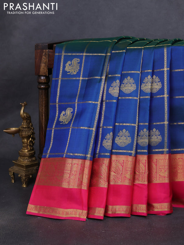Pure kanchipuram silk saree dual shade of bluish green and pink with allover zari checks & buttas and rettapet zari woven border