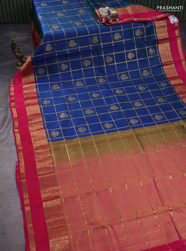 Pure kanchipuram silk saree dual shade of bluish green and pink with allover zari checks & buttas and rettapet zari woven border