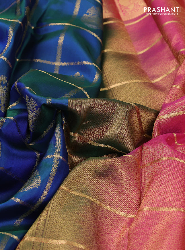 Pure kanchipuram silk saree dual shade of bluish green and pink with allover zari checks & buttas and rettapet zari woven border