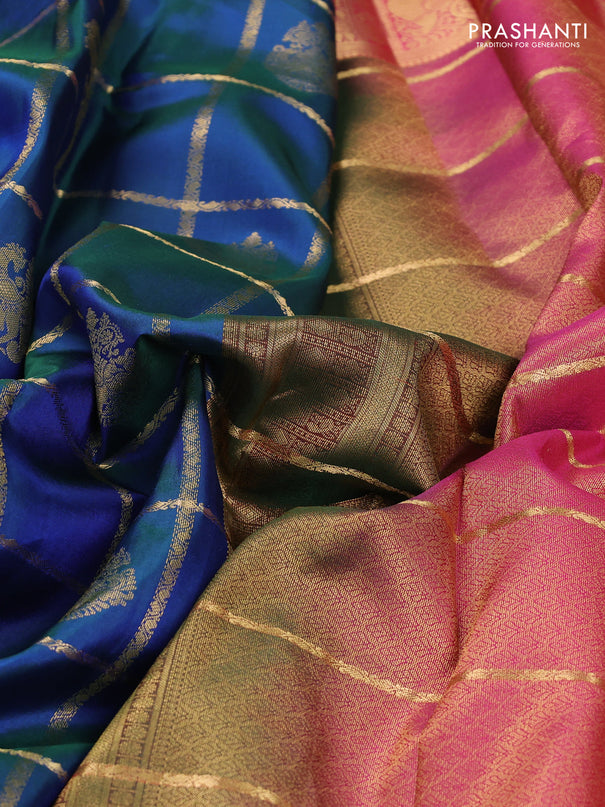 Pure kanchipuram silk saree dual shade of bluish green and pink with allover zari checks & buttas and rettapet zari woven border