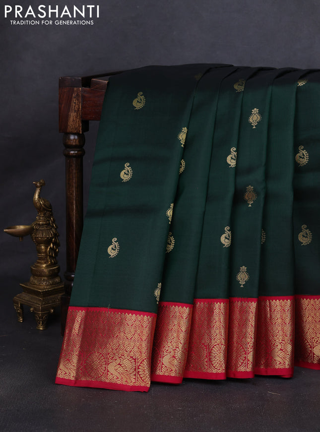 Pure kanchipuram silk saree bottle green and pink with zari woven buttas and rich zari woven korvai border