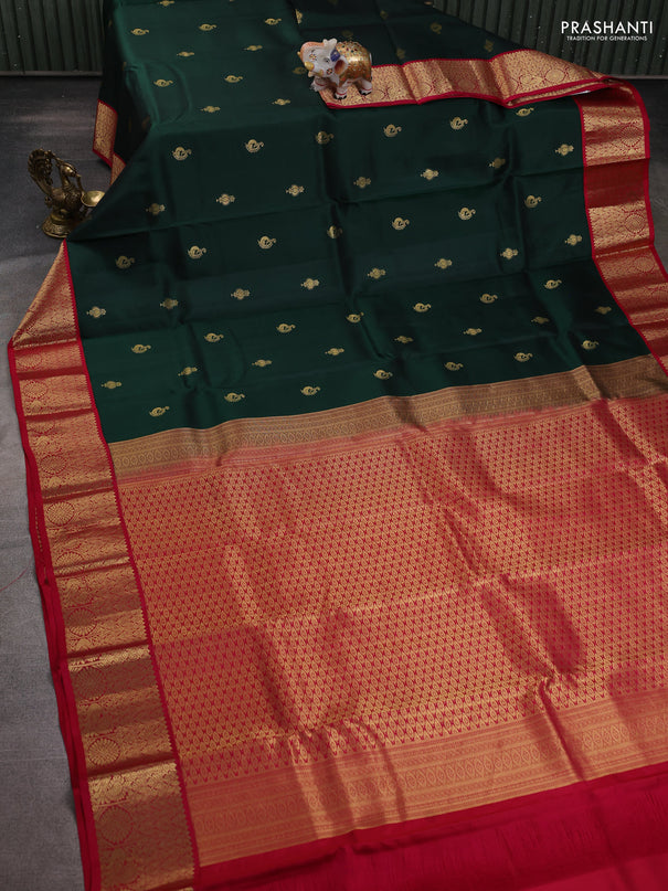 Pure kanchipuram silk saree bottle green and pink with zari woven buttas and rich zari woven korvai border