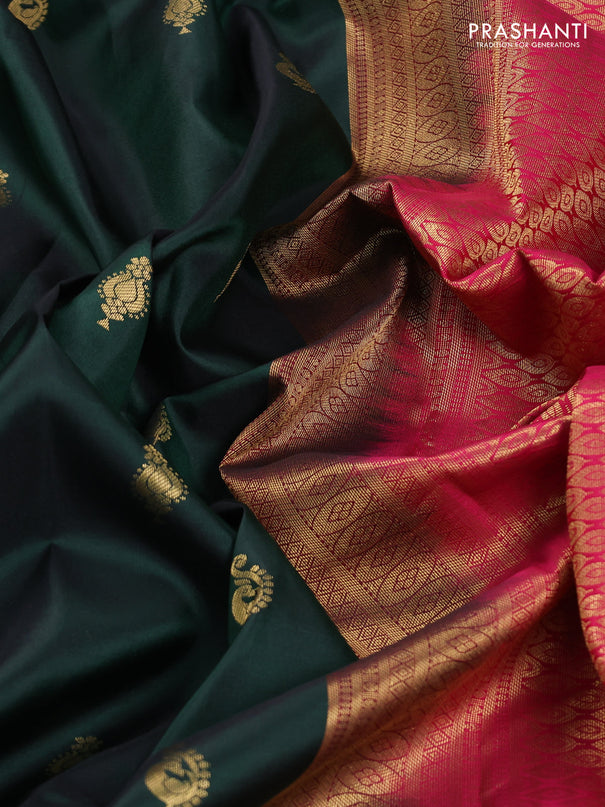 Pure kanchipuram silk saree bottle green and pink with zari woven buttas and rich zari woven korvai border