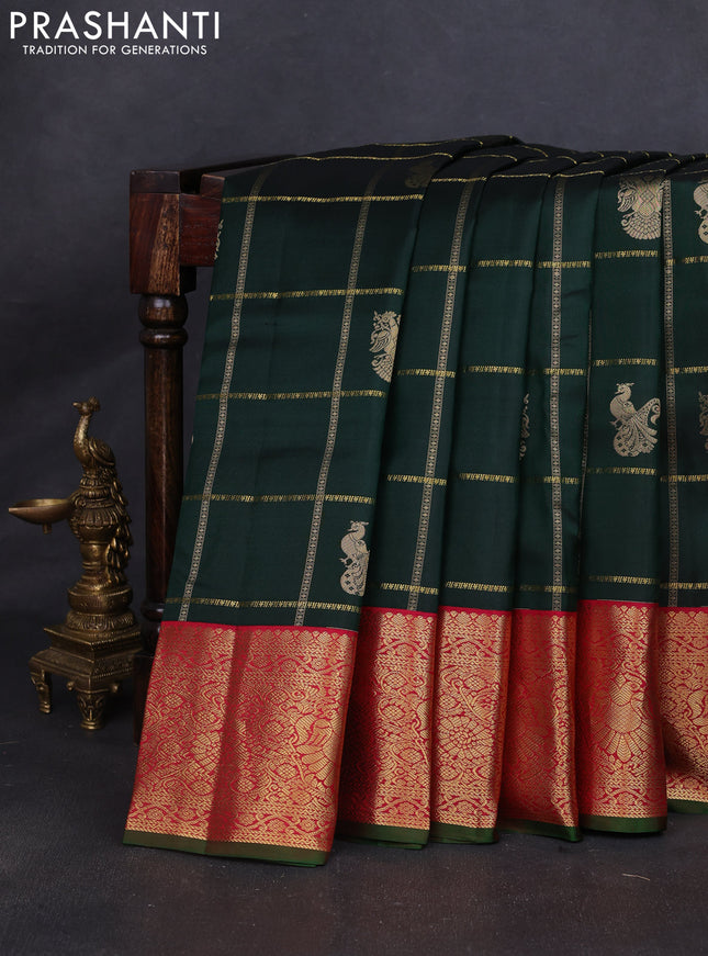 Pure kanchipuram silk saree bottle green and pink with allover zari checks & buttas and rich zari woven korvai border