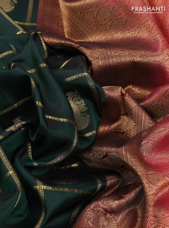 Pure kanchipuram silk saree bottle green and pink with allover zari checks & buttas and rich zari woven korvai border