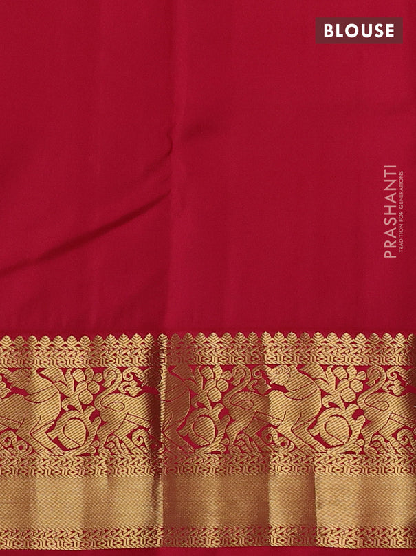 Pure kanchipuram silk saree dual shade of bluish green and reddish pink with allover zari weaves & buttas and rich zari woven korvai border