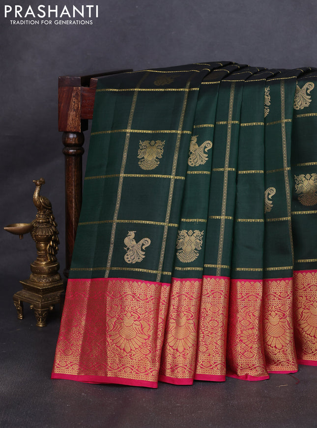 Pure kanchipuram silk saree bottle green and pink with allover zari checks & buttas and rich zari woven korvai border