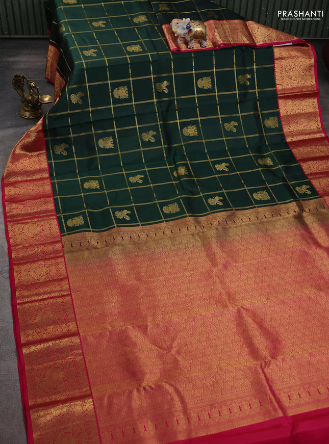Pure kanchipuram silk saree bottle green and pink with allover zari checks & buttas and rich zari woven korvai border