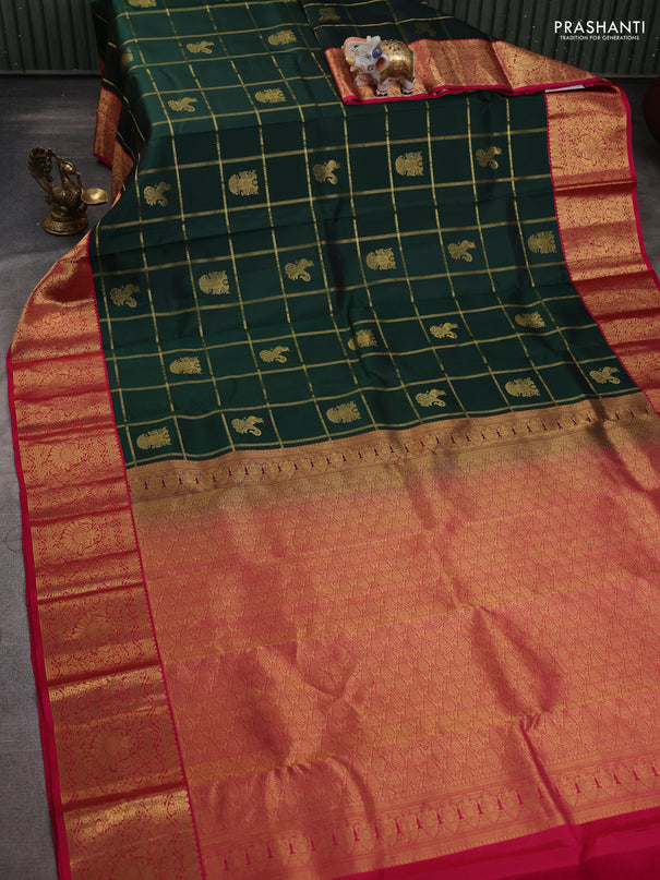 Pure kanchipuram silk saree bottle green and pink with allover zari checks & buttas and rich zari woven korvai border