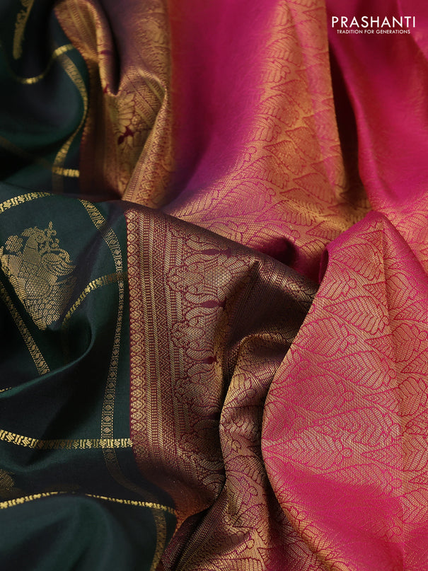 Pure kanchipuram silk saree bottle green and pink with allover zari checks & buttas and rich zari woven korvai border