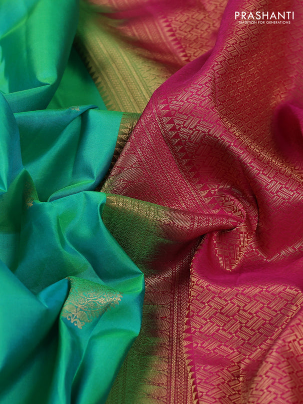 Pure kanchipuram silk saree teal green and pink with paisley zari woven buttas and zari woven korvai border