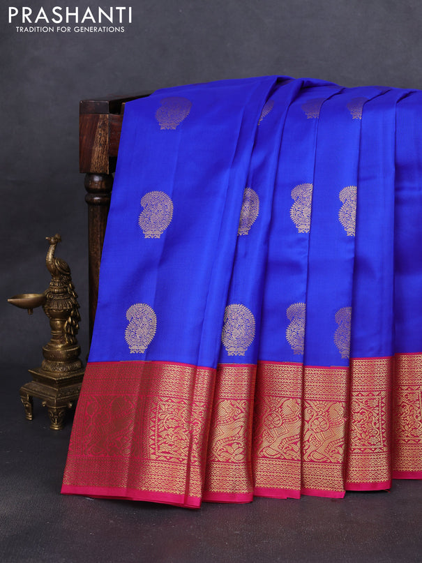 Pure kanchipuram silk saree royal blue and pink with paisley zari woven buttas and zari woven korvai border