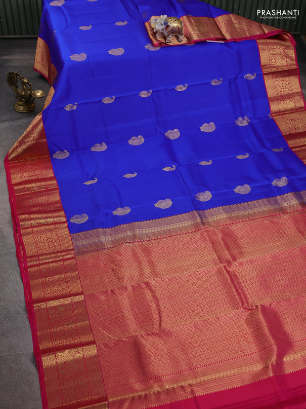 Pure kanchipuram silk saree royal blue and pink with paisley zari woven buttas and zari woven korvai border