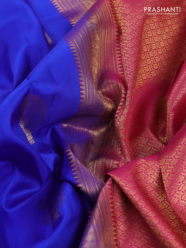Pure kanchipuram silk saree royal blue and pink with paisley zari woven buttas and zari woven korvai border