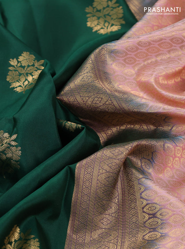 Pure kanchipuram silk saree green and peach shade with zari woven buttas and rettapet zari woven border