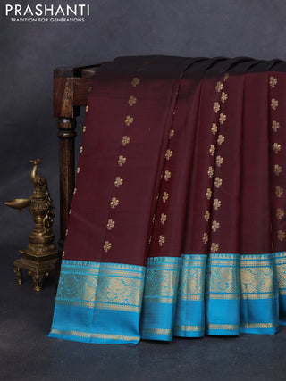 Pure kanchipuram silk saree maroon and cs blue with allover zari woven buttas and rettapet zari woven korvai border